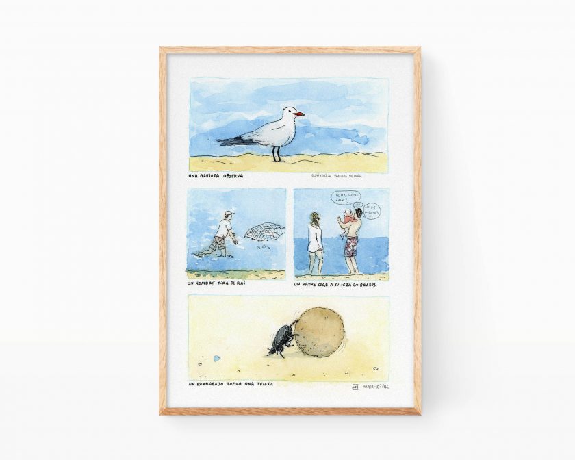 Lámina cómic impresionista escenas en la playa con una gaviota, un escarabajo, una familia y un hombre que tira el rai