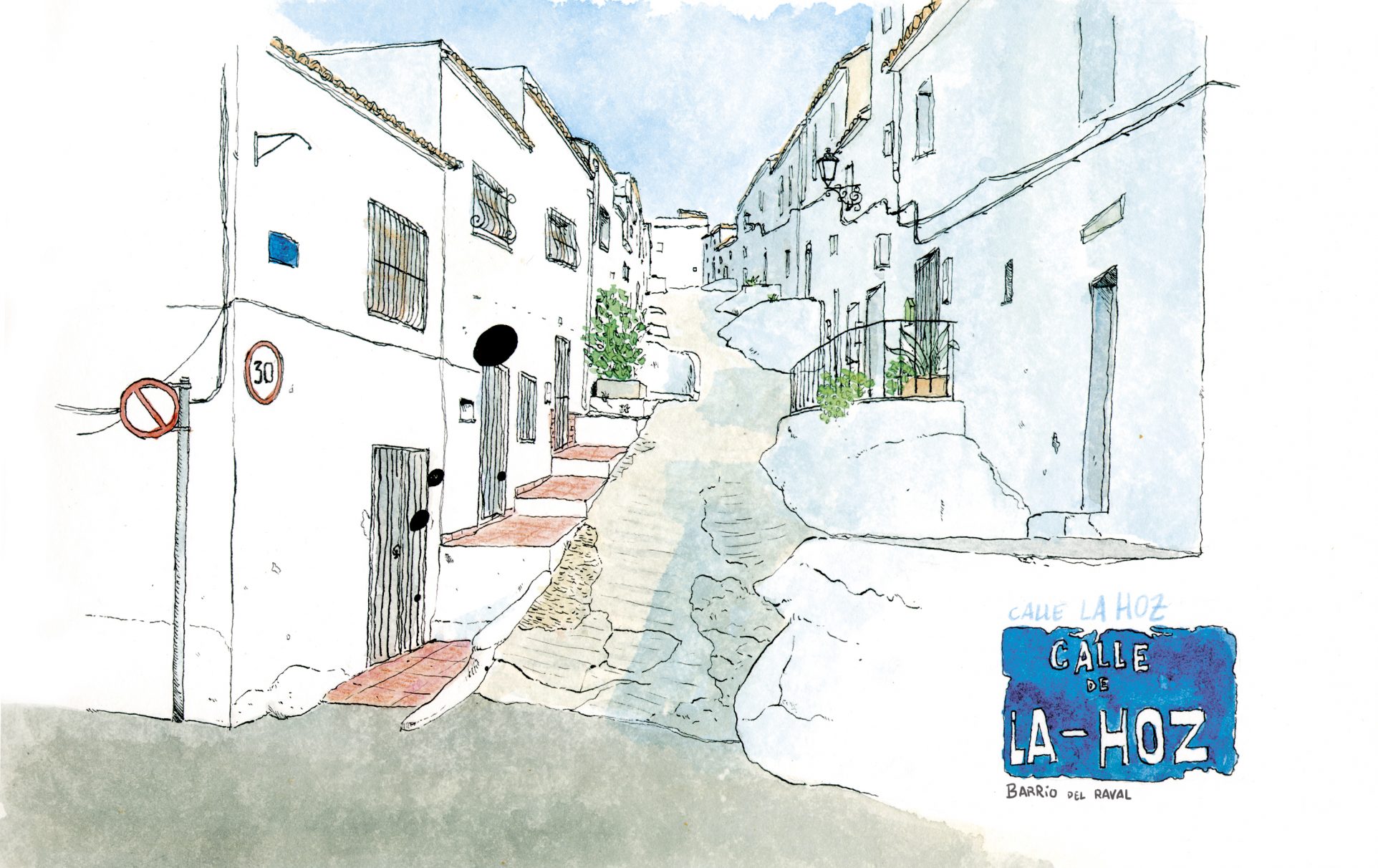 Acuarela dibujo de la calle de la Hoz, Oliva (Valencia). Paisaje estilo urban sketchers. Souvenirs de la comunidad valenciana. Arte para decorar