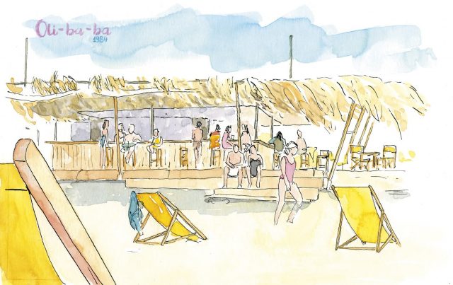 Dibujo en acuarela del chiringuito oli-ba-ba en la playa de Oliva, Valencia