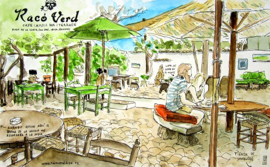 Dibujo de la terraza del restaurante Raco Verd en la isla de Ibiza. Baleares. España
