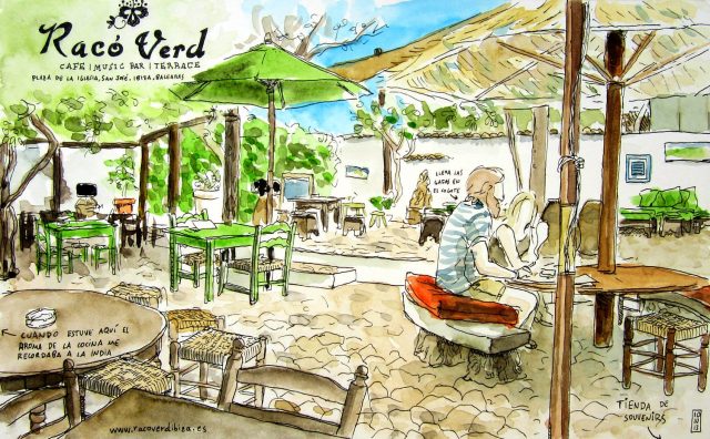 Dibujo de la terraza del restaurante Raco Verd en la isla de Ibiza. Baleares. España