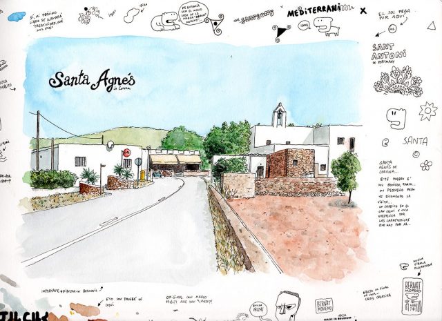 Dibujo del pueblo de Santa Angés en Ibiza, Baleares. Acuarela sobre papel. Boceto