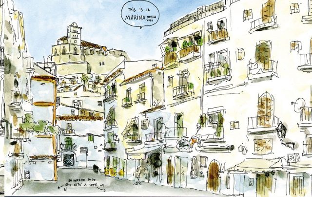 Dibujo abocetado en acuarela de Ibiza en estilo Urban Sketchers