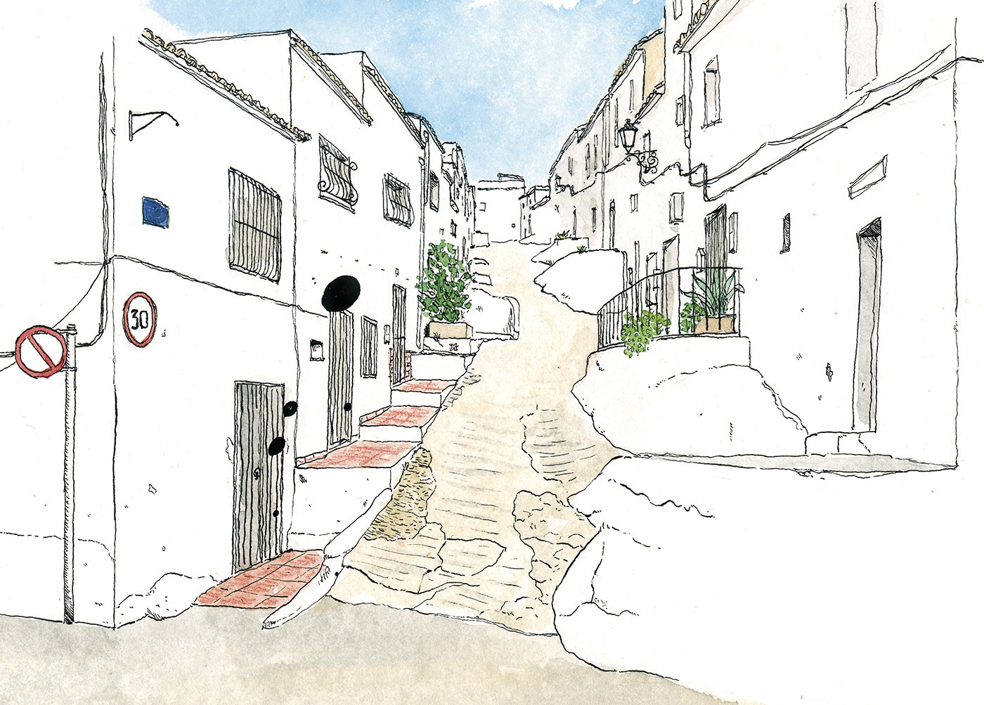 Dibujo en acuarela de la calle de la hoz en Oliva, La Safor. Valencia