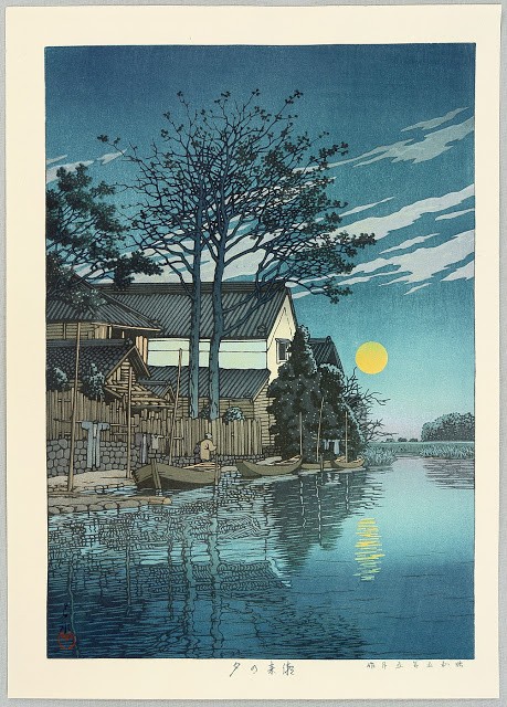 Dibujo de Hasui Kawase paisaje ukiyo-e noche