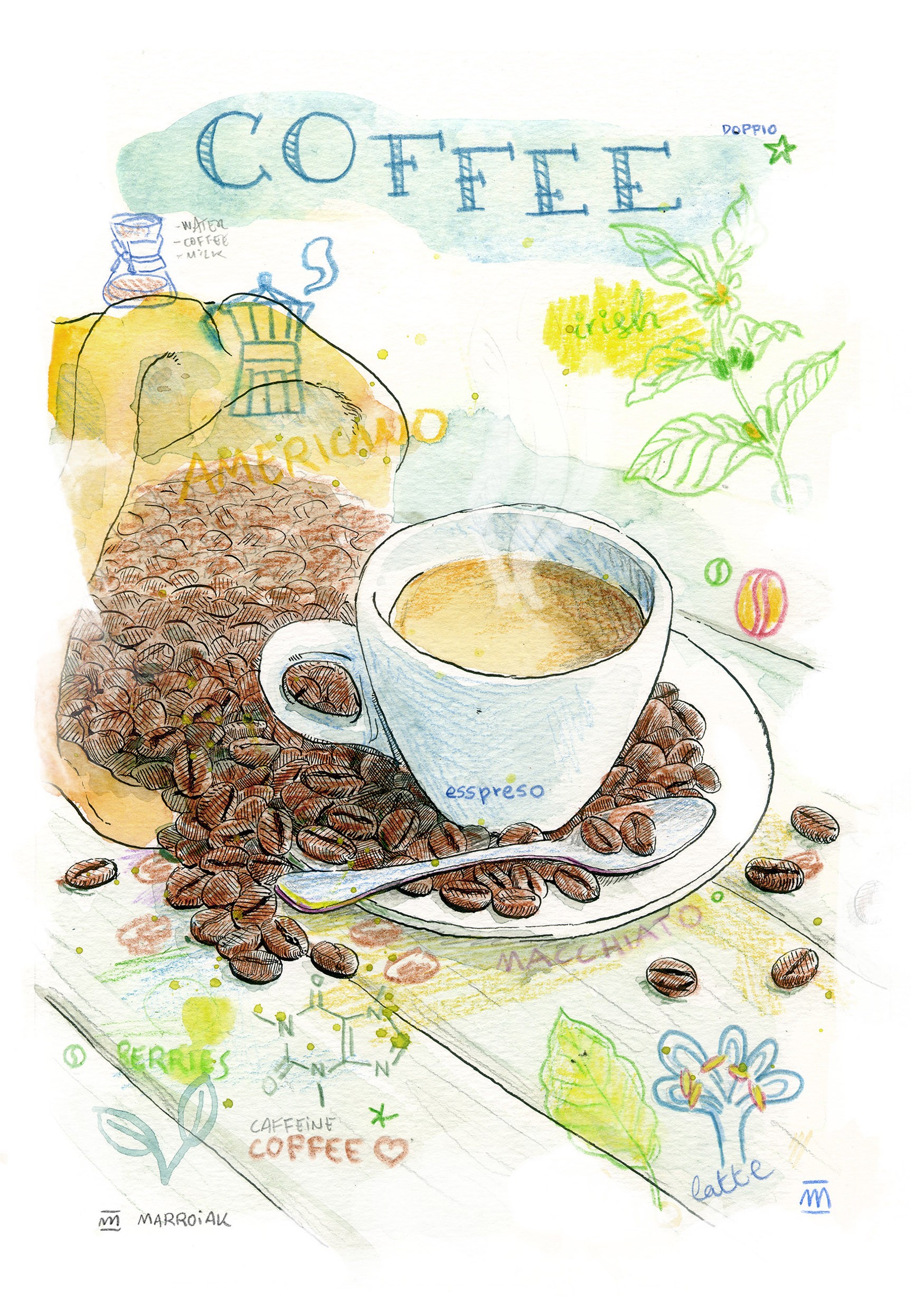 Dibujo con una taza de café expreso para la decoración de pared de cocinas, bares y restaurantes. Arte cafeterías.