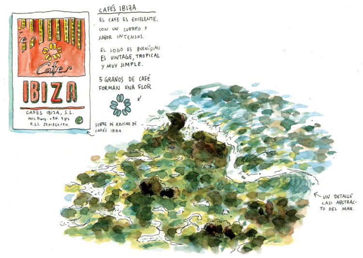 Dibujo en acuarela de una ola y el logotipo de Cafés Ibiza