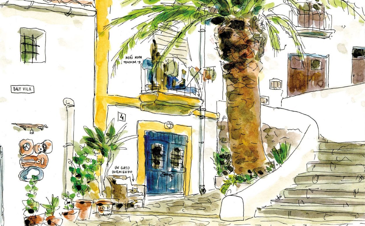 Dibujo en acuarela de un callejón de Dalt Vila en la isla de Ibiza. Baleares, España