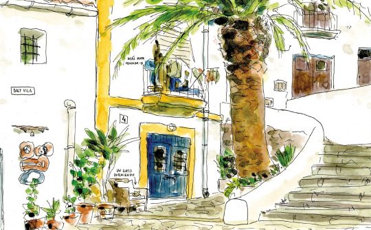 Dibujo en acuarela de un callejón de Dalt Vila en la isla de Ibiza. Baleares, España