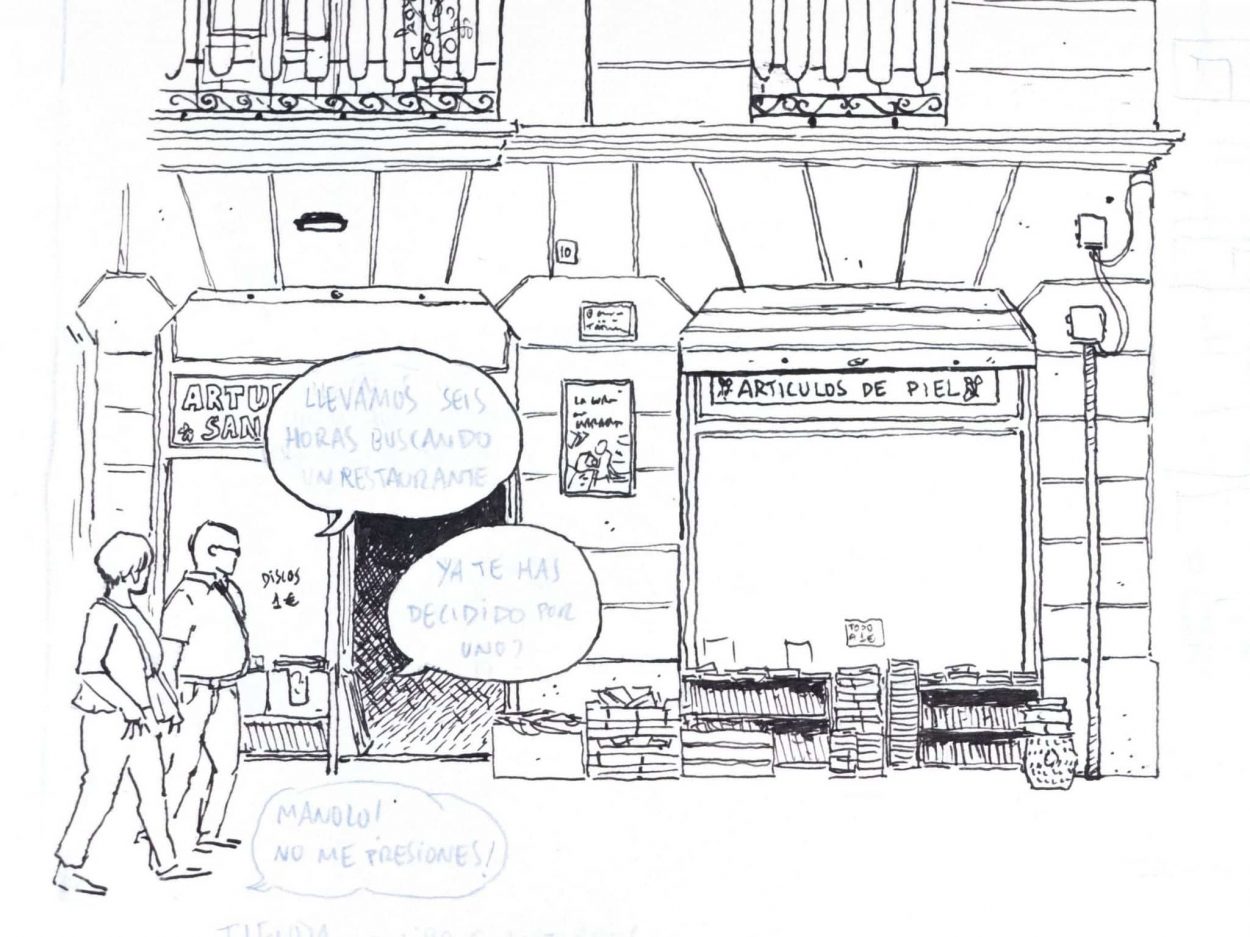 Dibujo estilo urban sketchers de la guarida de las maravillas en la ciudad de valencia