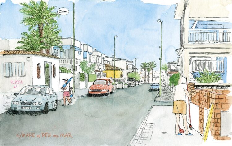 Dibujos de pueblos de Valencia. Lámina decorativa con una ilustración del Carrer Mare de Deu del Mar (Virgen del Mar) en la playa de oliva, comarca de la Safor (Valencia). Acuarela estilo urban sketchers España.