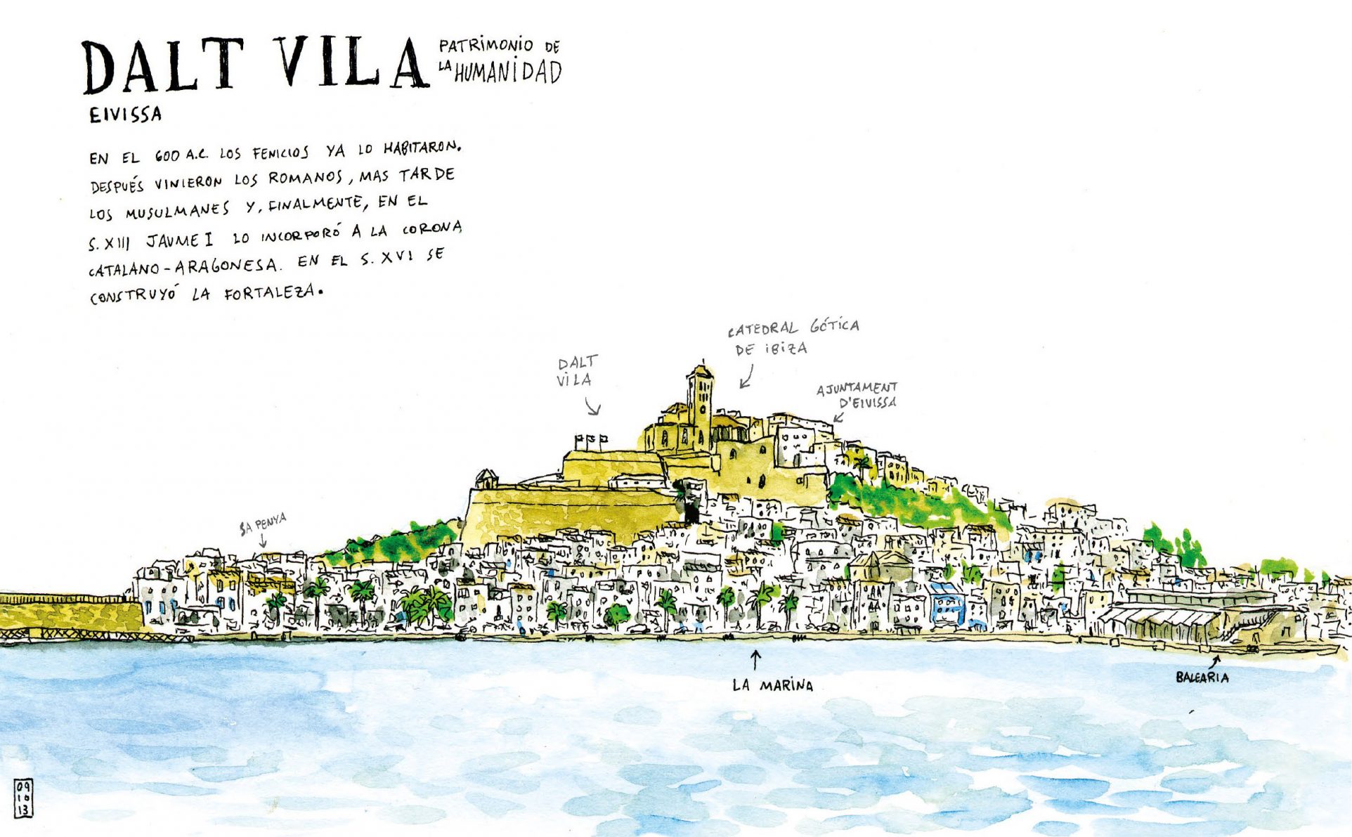 Dibujo en acuarela y tinta sobre papel de Dalt Vila en la ciudad de Ibiza, Baleares, España. Mar Mediterráneo. Ilustración urban sketchers