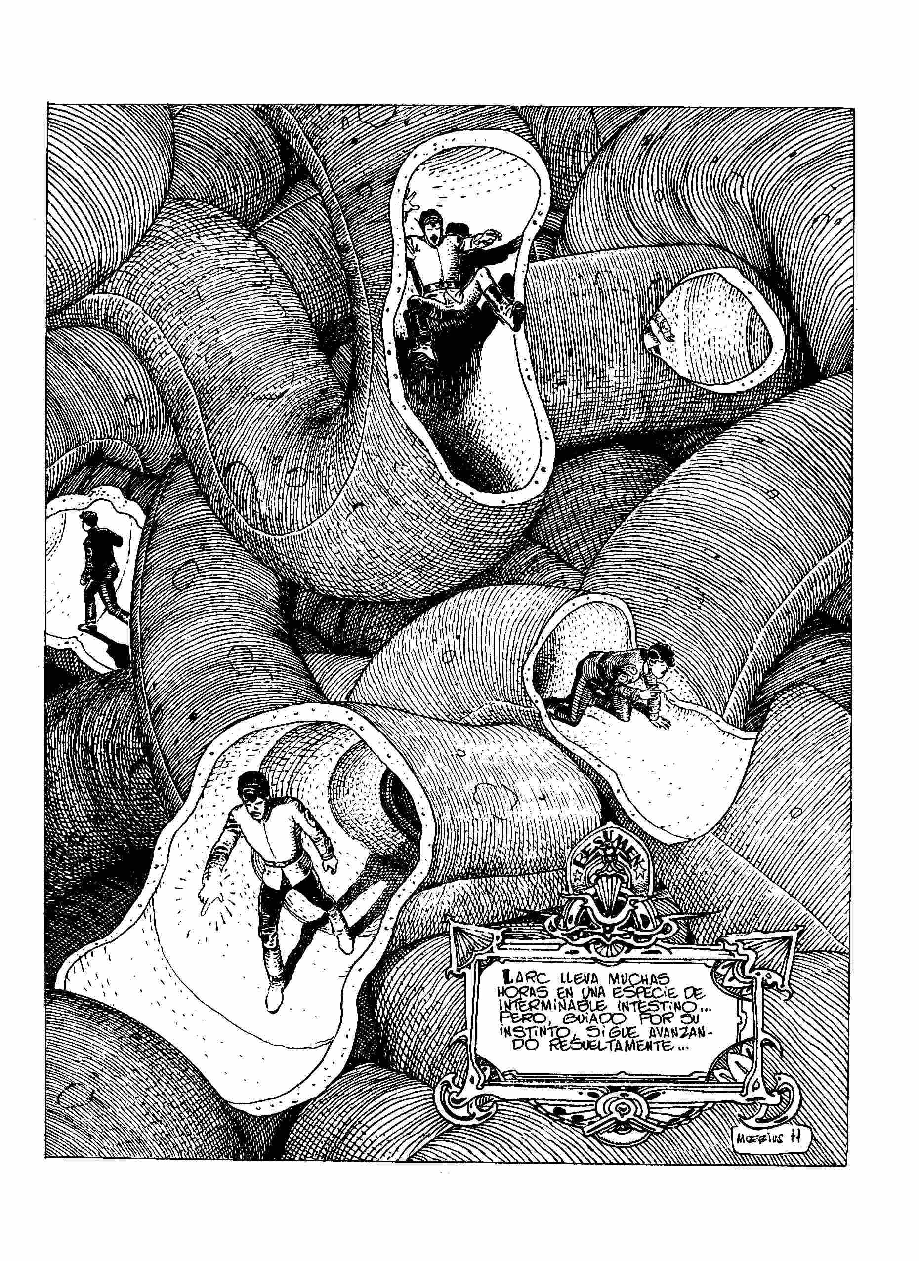 Dibujo en blanco y negro de un cómic de Moebius