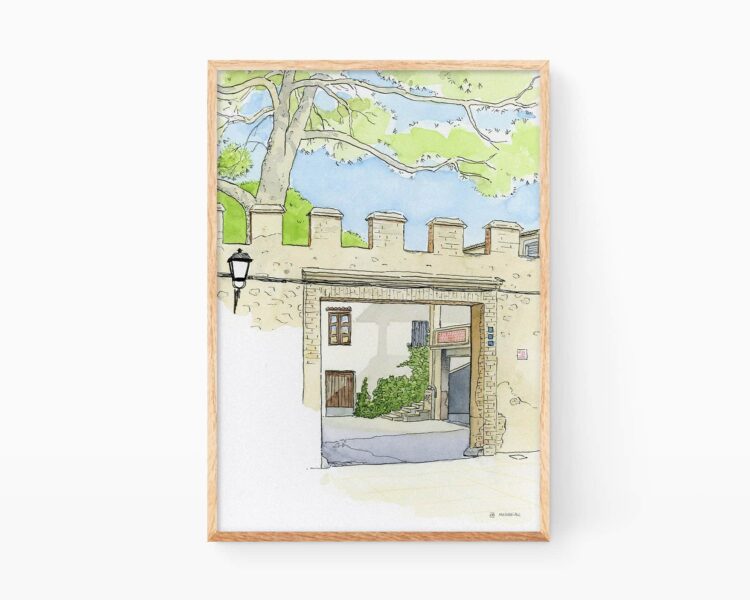 Dibujos de paisajes de pueblos de Valencia. Lámina acuarela muro del palacio de los condes de Rótova (La Safor, Comunidad Valenciana, España).