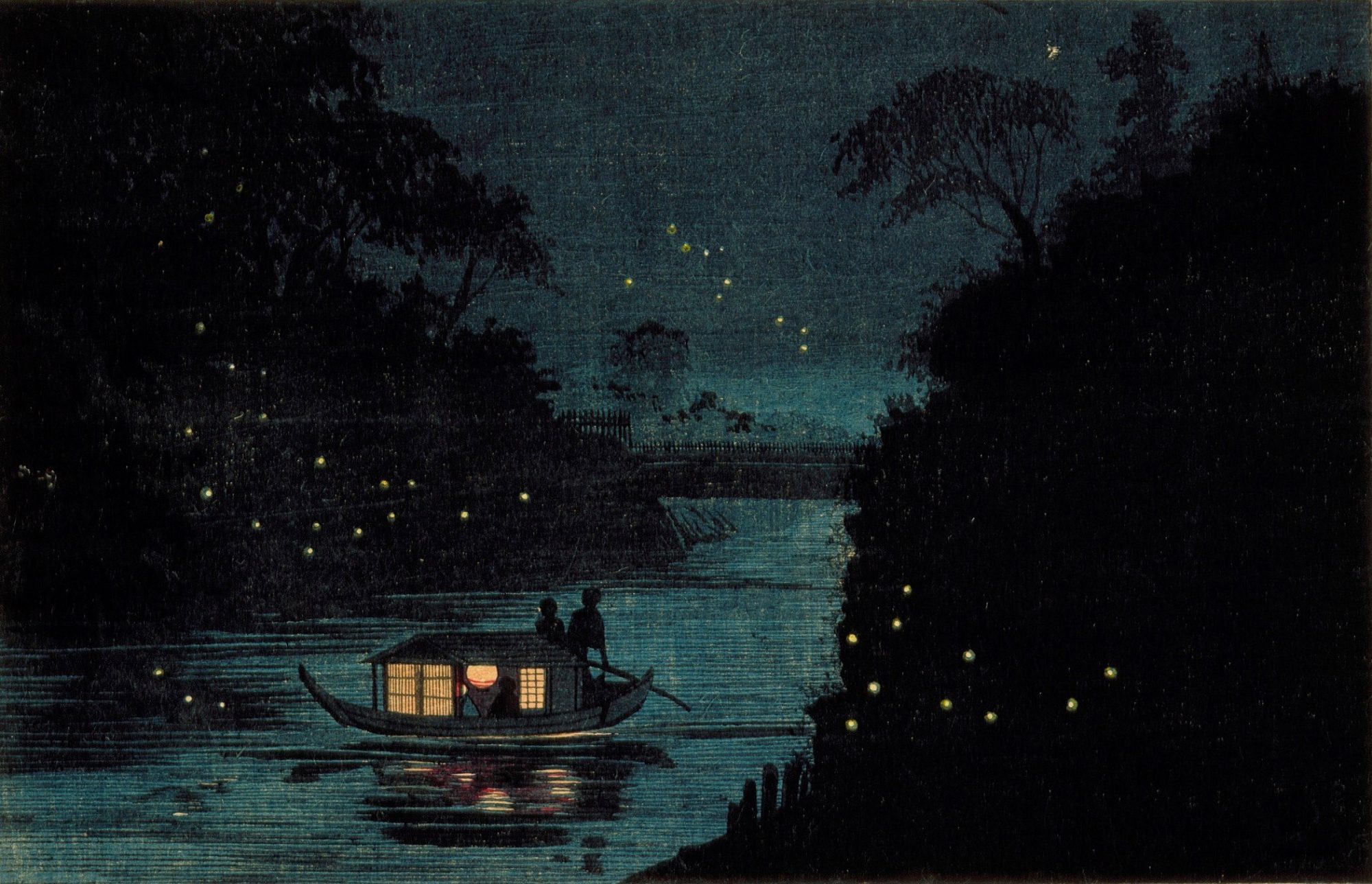 Noche en un río con el bote. Ilustración estampa japonesa ukiyo-e tradicional.