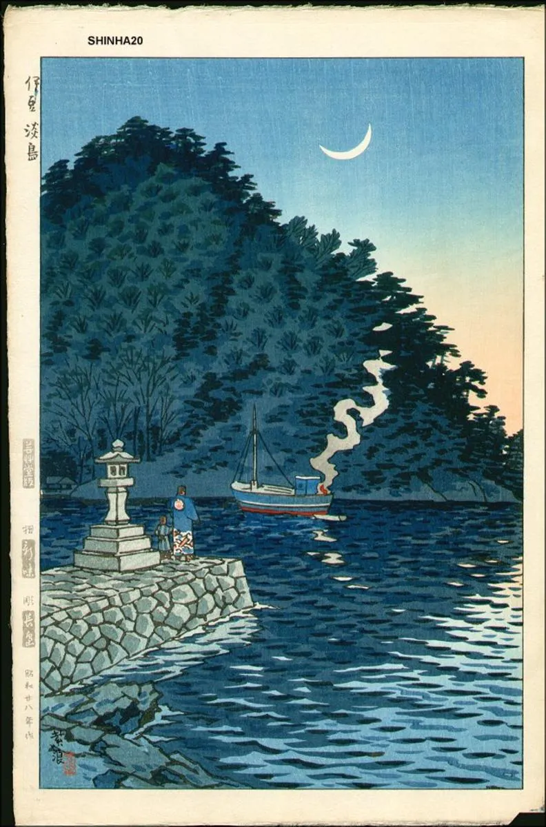 shiro kasamatsu ukiyo-e río y árboles