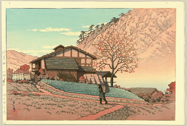 Dibujo de Hasui Kawase paisaje ukiyo-e casa