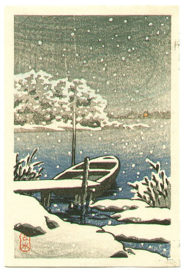 Dibujo de Hasui Kawase paisaje ukiyo-e nieve y barco