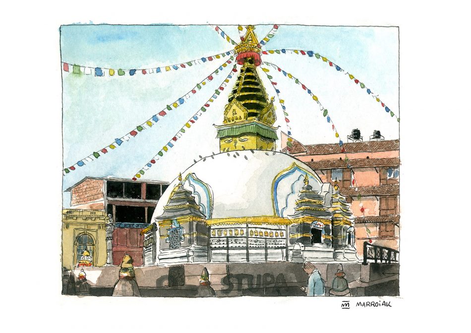 Lámina artesanal firmada con una ilustración de Kathesimbu Stupa en Kathmandu, Nepal.