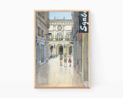 Dibujo pueblos de Valencia: lámina con una ilustración en acuarela del ayuntamiento de Gandia en estilo cómic y ukiyo-e. No basado en fotos.