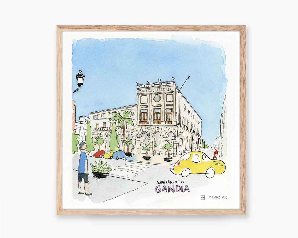 Print con una ilustración en tinta y acuarela sobre papel del edificio del Ajuntament de Gandia en el centro histórico. Pueblos de La Safor