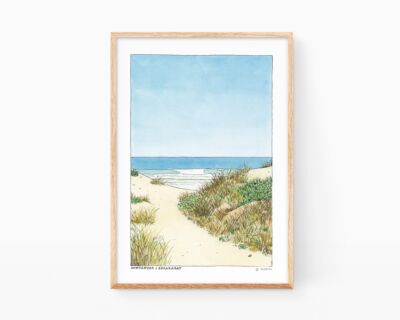 Print with an illustration of a watercolor landscape of a beach, dunes and a beetle. The painting also includes some waves, the sky and sand. Comic style drawing. Poster by Marroiak