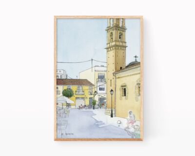 Dibujos pueblos de Valencia. Lámina con una ilustración en acuarela de Almoines municipio de la comarca de La Safor