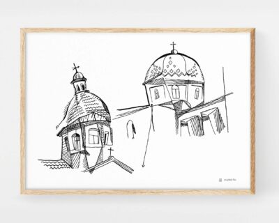 Lámina decorativa con un dibujo en blanco y negro de la Lámina con una ilustración de la iglesia Parroquia De Nuestra Señora Del Consuelo en Altea (Alicante).