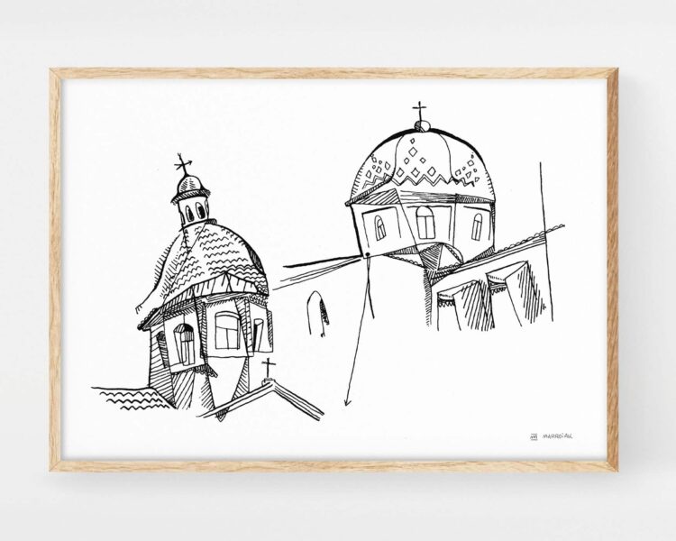 Lámina decorativa con un dibujo en blanco y negro de la Lámina con una ilustración de la iglesia Parroquia De Nuestra Señora Del Consuelo en Altea (Alicante).