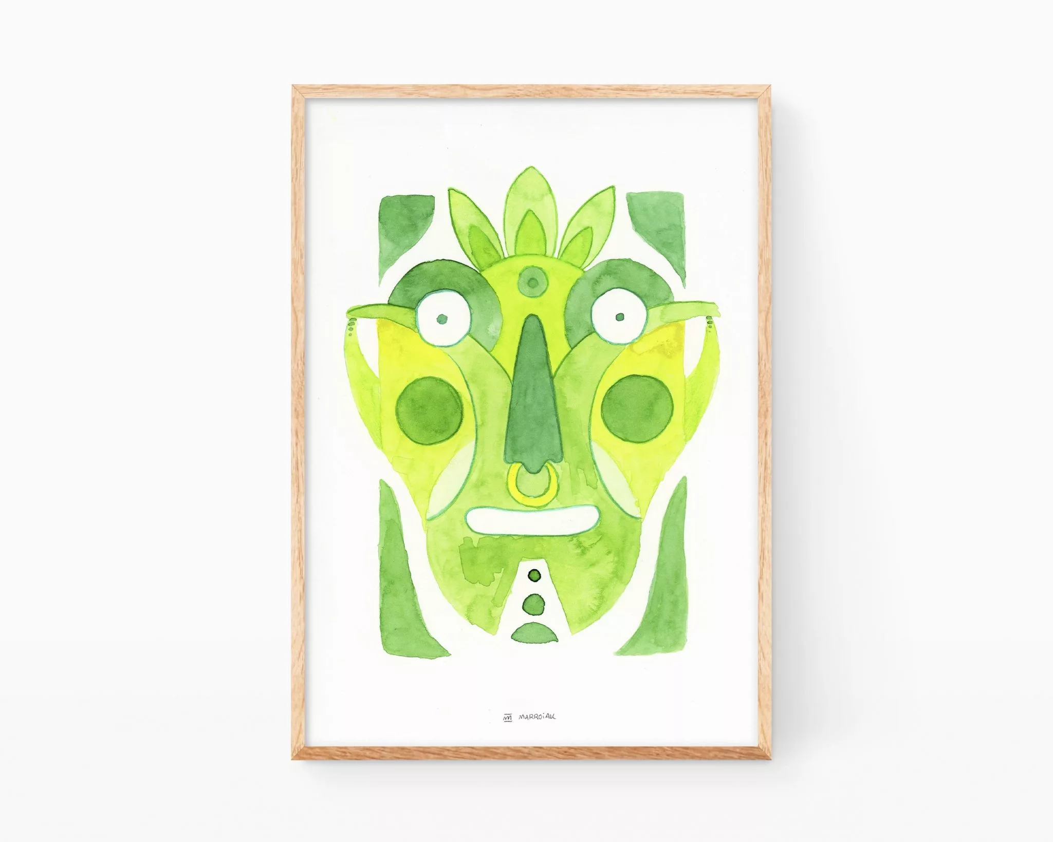 Cuadro para enmarcar decorativo con una pintura en acuarela de una cara semi abstracta. Color verde vegetal