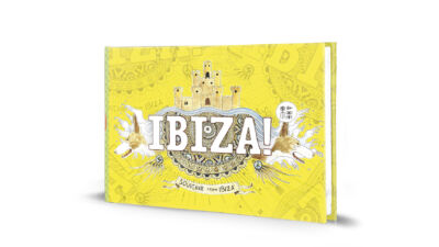 Illustrated comic cover of Ibiza with watercolor landscapes and drawings of the island (Urban sketchers Spain style). Travel souvenirs