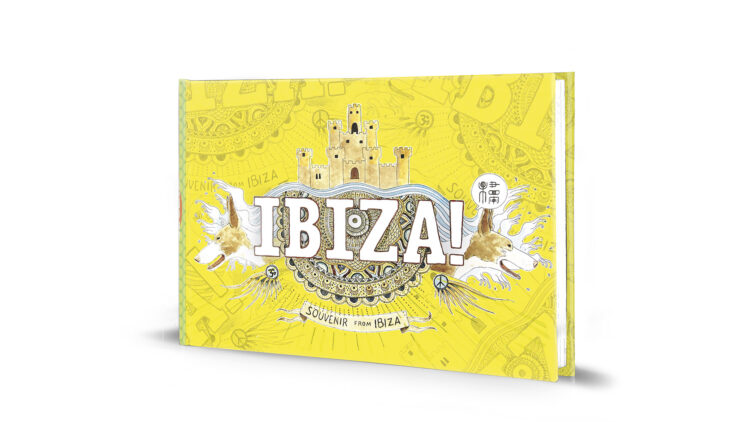Portada cómic ilustrado de Ibiza con paisajes en acuarela y dibujos de la isla (estilo Urban sketchers España). Souvenirs de viaje