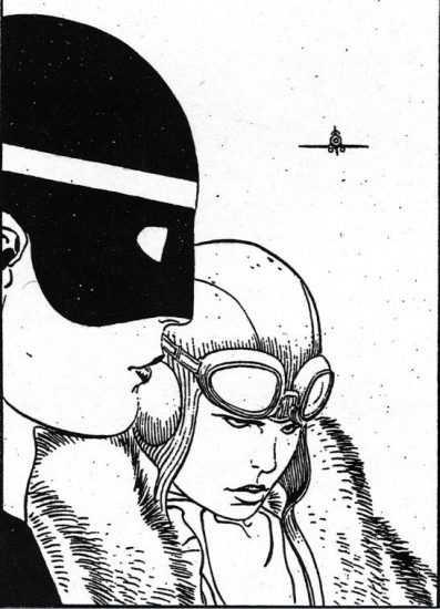 Dibujo en blanco y negro de un cómic de Moebius. Personaje con máscara y chica con gafas