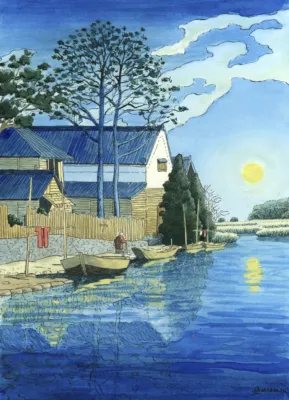 NOCHE EN EL PUEBLO ukiyo-e. Subasta de arte original con una version hasui kawase