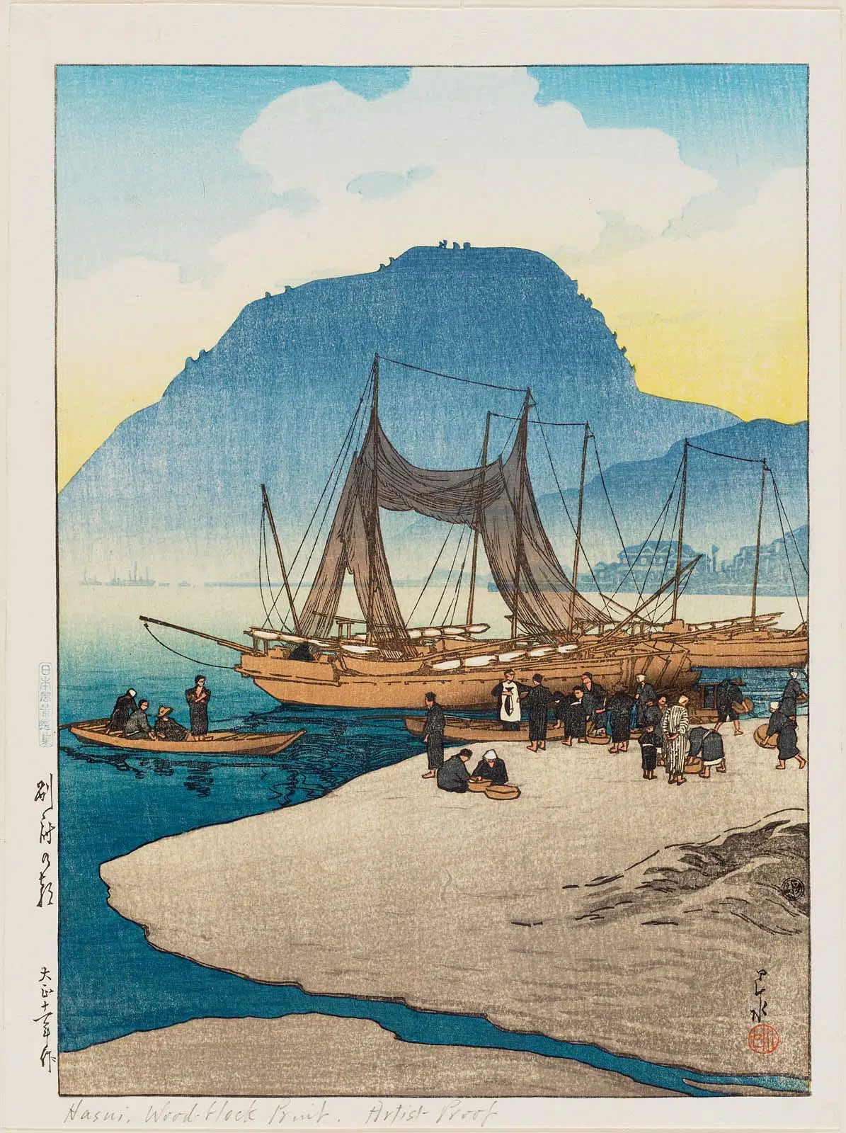 Dibujo de Hasui Kawase paisaje ukiyo-e puerto y playa