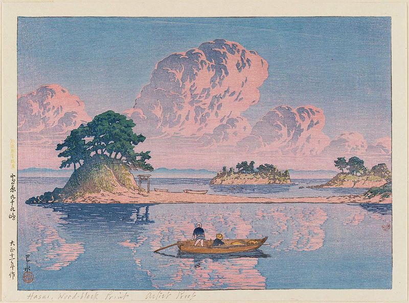 Dibujo de Hasui Kawase paisaje ukiyo-e playa y nubes en un amanecer