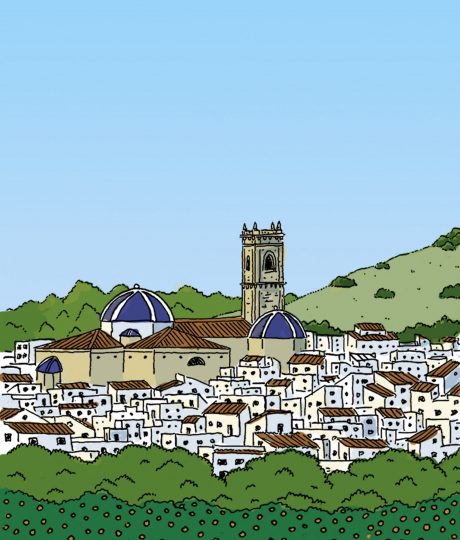 Ilustración con una vista del centro histórico del municipio de Oliva con la iglesia de san roque.