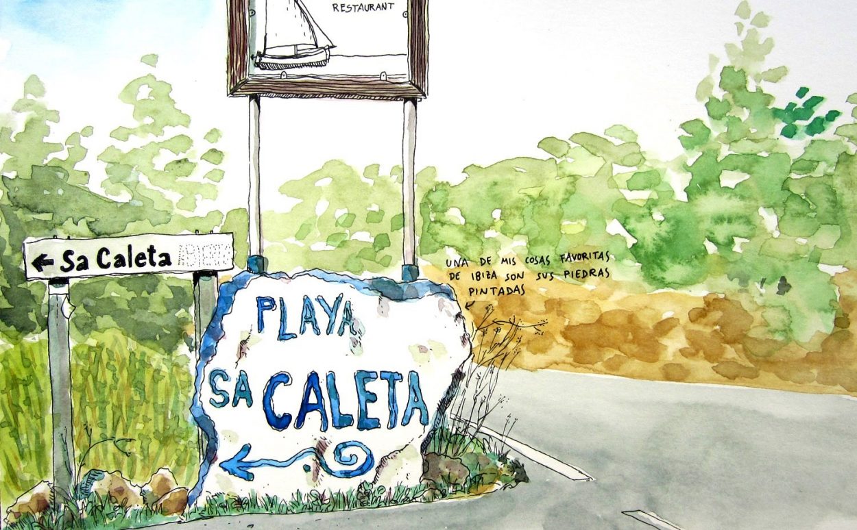 Painted stone drawing of Sa Caleta in Ibiza, Baleares, Spain