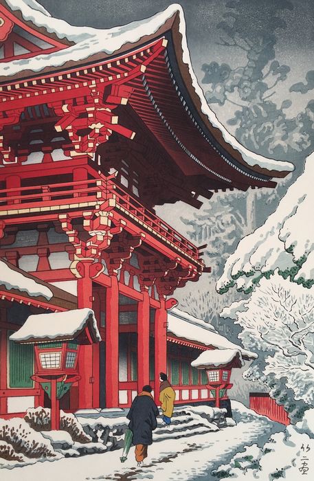 Paisaje ukiyo-e Takeji Asano. Templo rojo y nieve