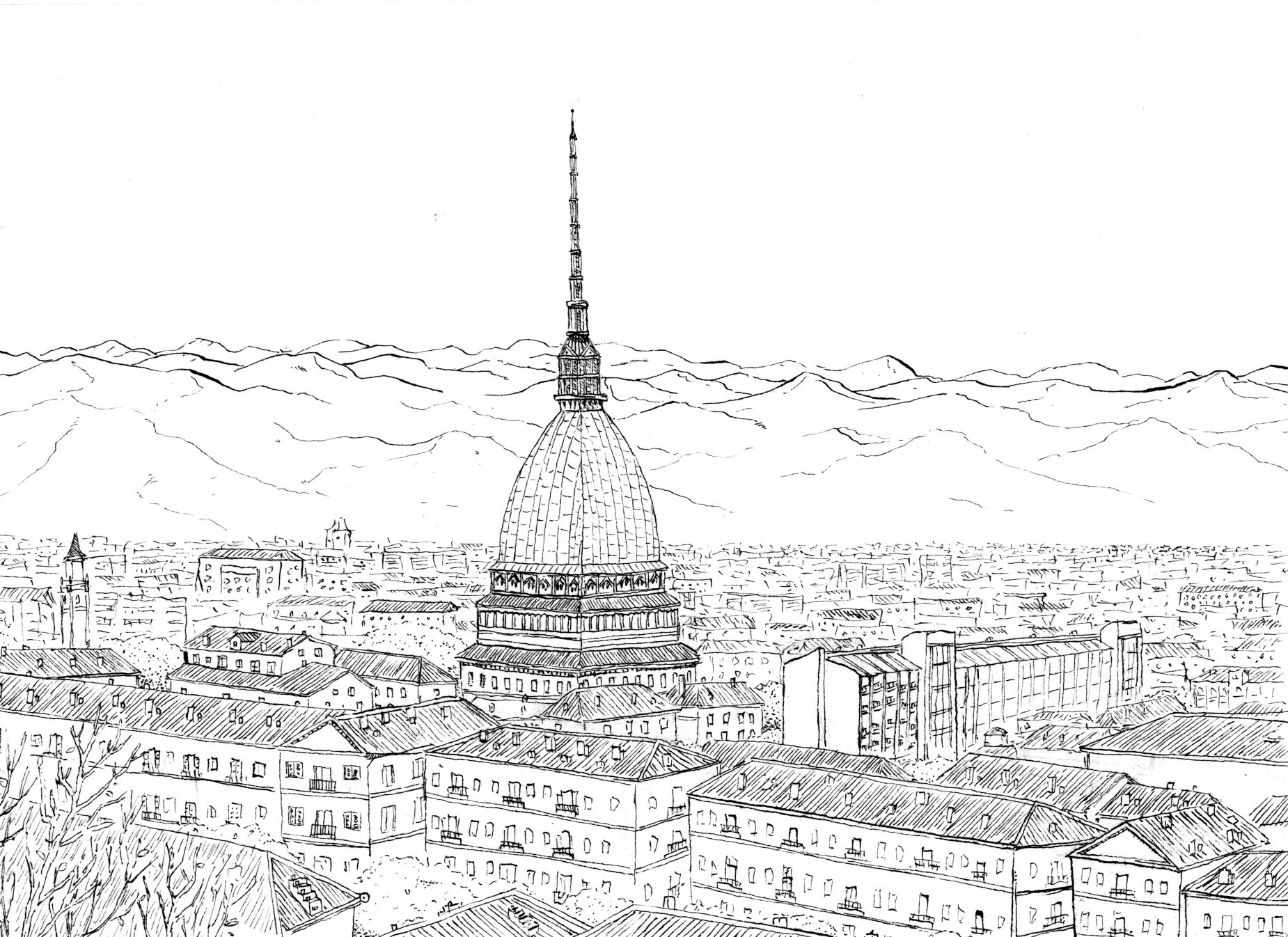 Dibujo con una vista de la Mole Antonelliana en la ciudad de Turín, Italia. Tinta en blanco y negro