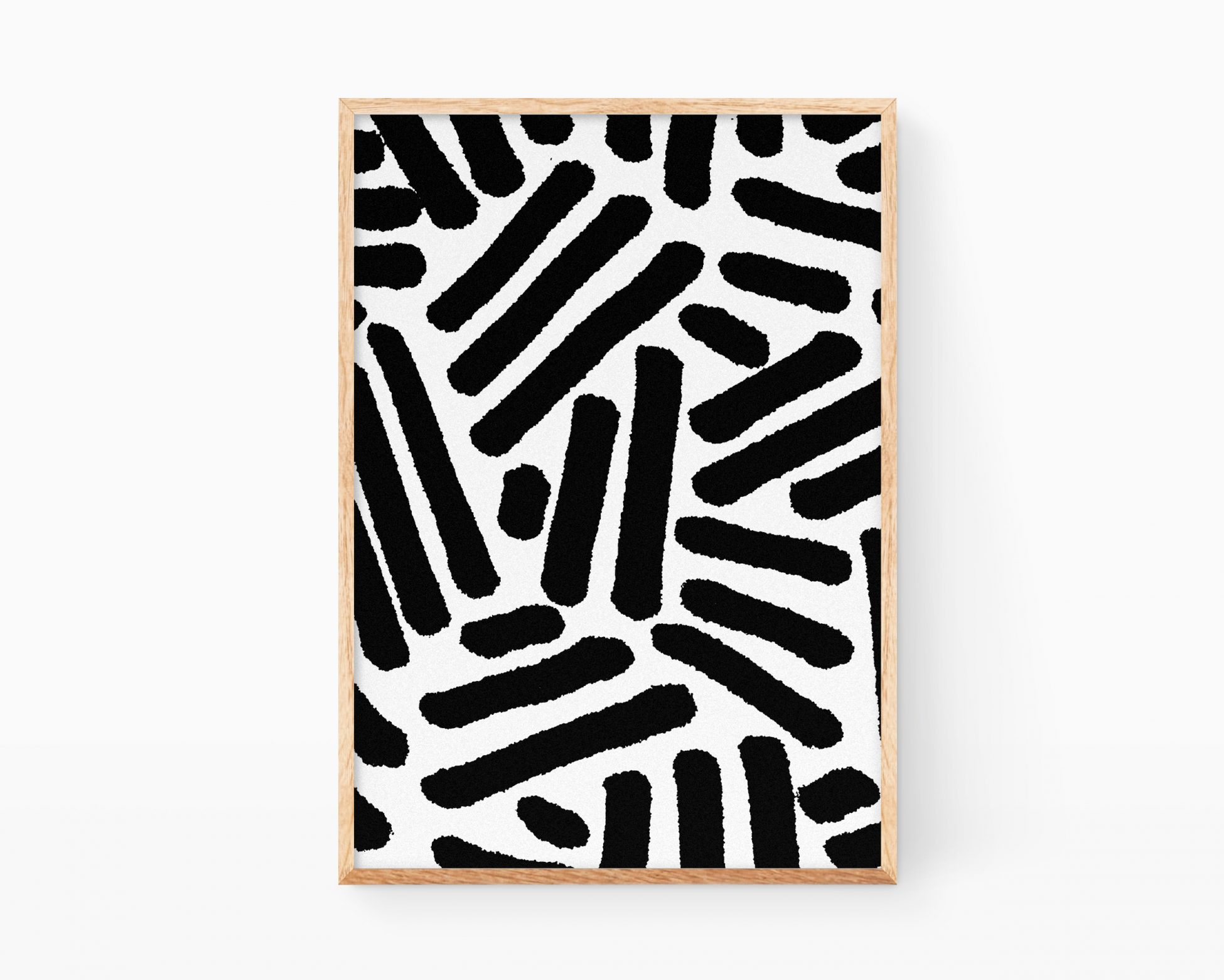 Arte abstracto minimalista. Lámina con una líneas negras sobre fondo blanco de estilo casi zen con dibujos de rayas cortas. Cuadro para enmarcar con decoración abstracta y elegante.