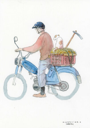 Grandpa in mobylette original watercolor saratai marroiak