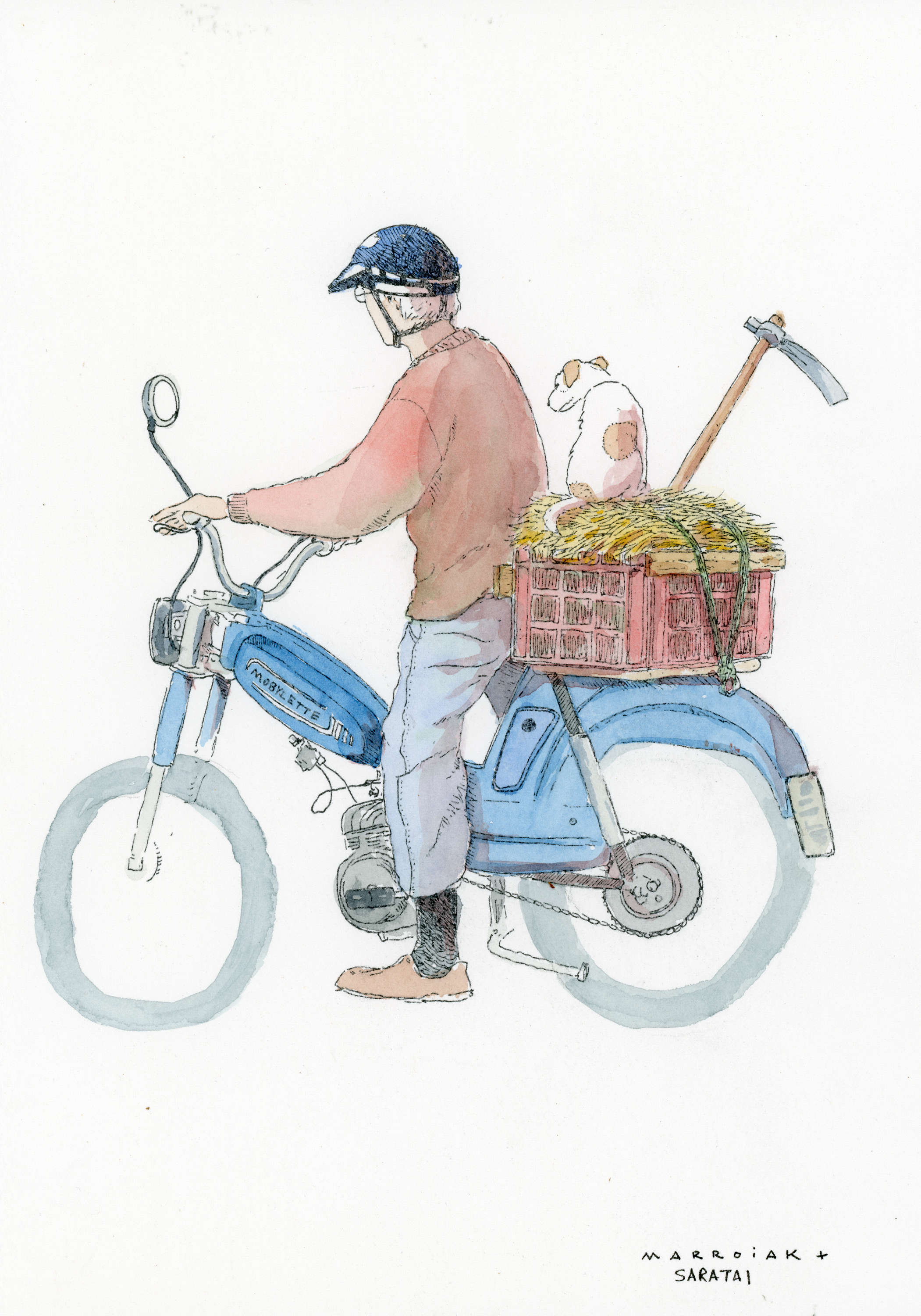 Grandpa in mobylette original watercolor saratai marroiak