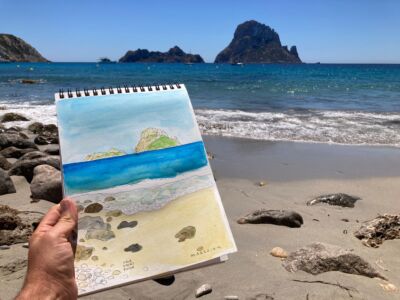 acuarela original es vedra ibiza, pintura en subasta