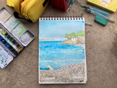 acuarela original sa caleta ibiza ilustracion