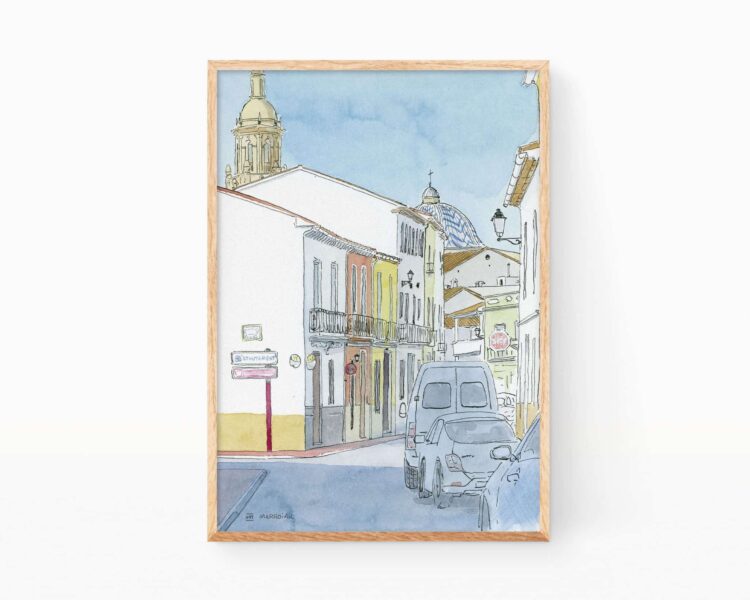 Acuarela Alquería de la Condesa en la Safor, Valencia. Pueblos del mediterráneo