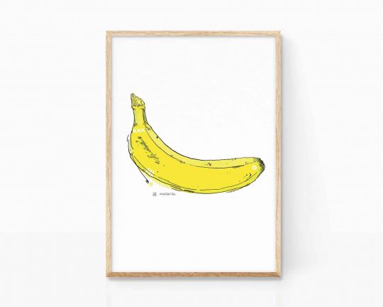 Cuadro decorativo para enmarcar. Decoración cocinas. Banana al estilo Andy Warhol y Velvet Underground. Dibujo original a tinta más impresión digital. Póster artístico de Marroiak