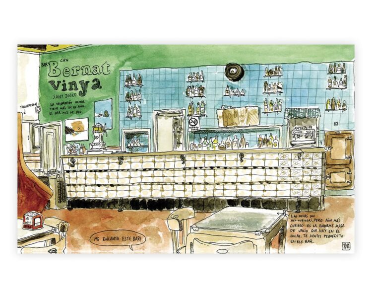 Dibujo en acuarela y tinta del bar bernat vinya en el municipio de Sant Josep de Sa Talaia, Ibiza. Islas Baleares, España. Mediterraneo