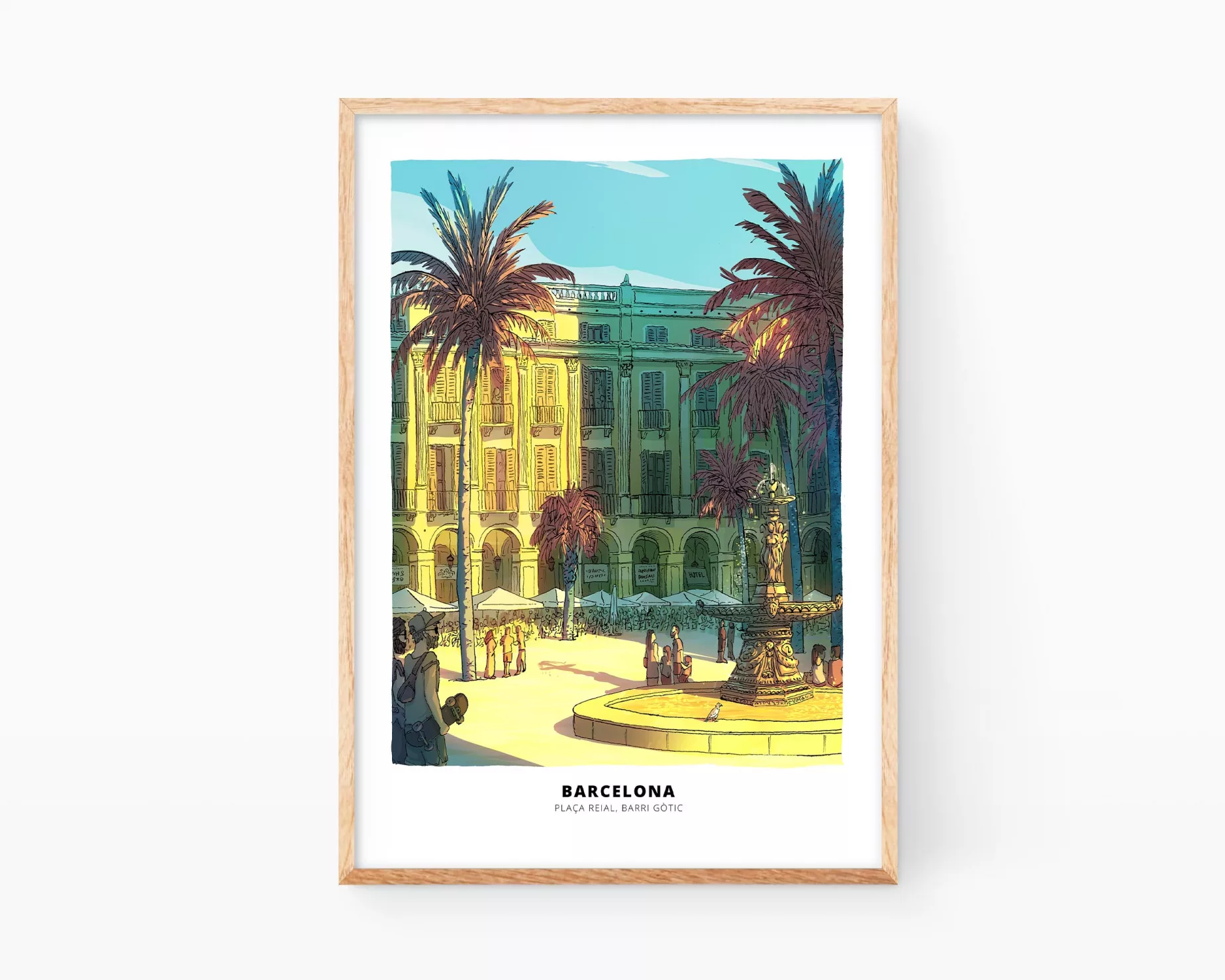 Lámina en color dibujo Barcelona Plaça reial, Famosas vistas de España