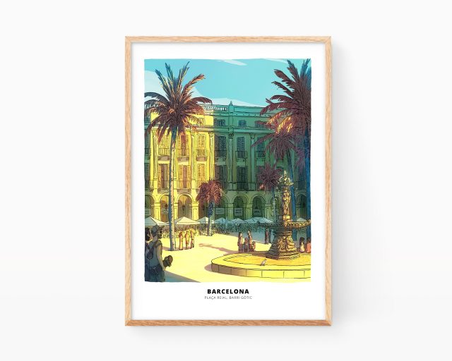 Lámina en color dibujo Barcelona Plaça reial, Famosas vistas de España